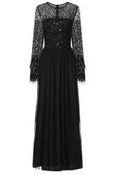 Eva Embellished Maxi Dress with Feather Trim in Black